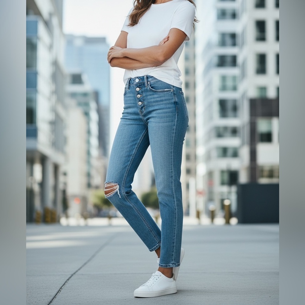 FRAME Le High Skinny Jeans — Button Fly, Distressed, Medium Wash